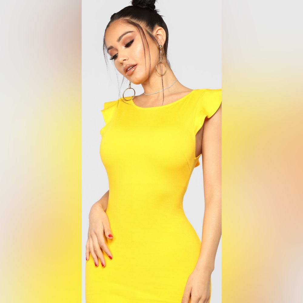 Yellow Ruffle Sleeve Bodycon Dress - Picture 4 of 4